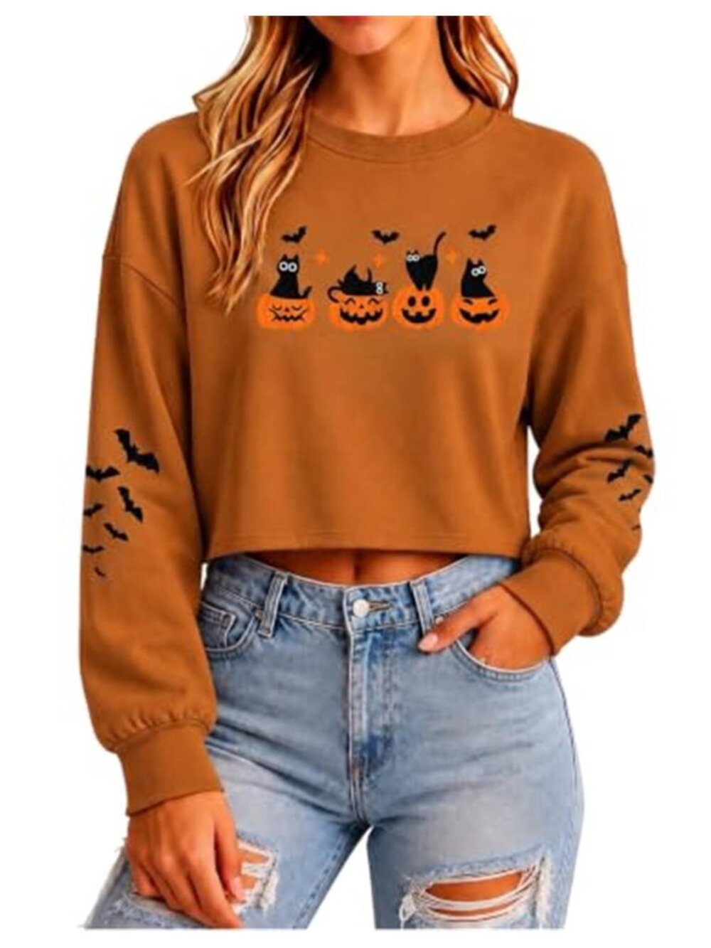 Orange Cropped Halloween Sweatshirt Black Cats Pumpkins Bats Spooky Season